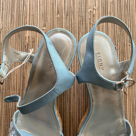 Fioni Baby Blue Satin Shoes with Embellishments & Cork-Wedge Sandals - Size 11W - Picture 9 of 10